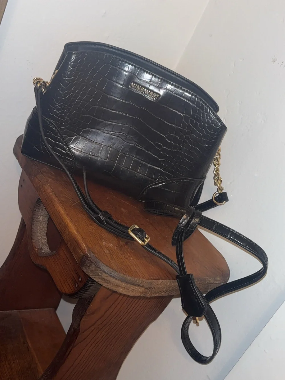 Nine West Black Croc-Embossed Chain Strap Crossbody